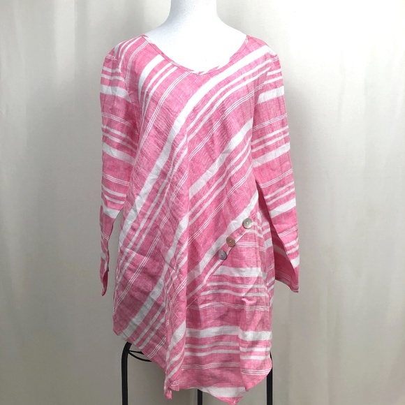Habitat Asymmetrical Hem Top Linen Striped Pink - Picture 1 of 9